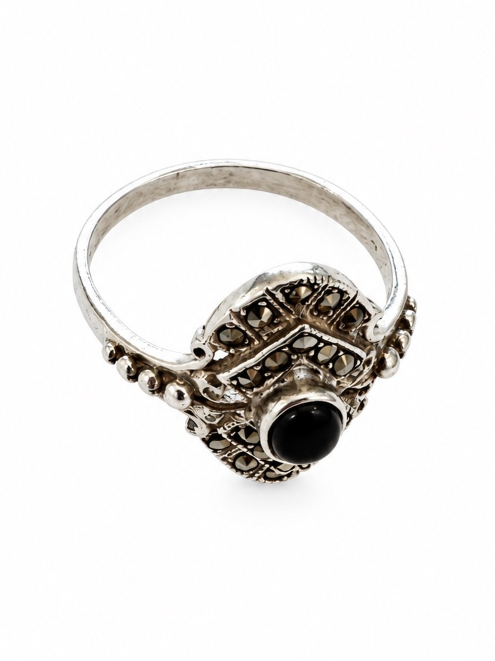 Antique 1920s Art Deco Sterling Silver Black Onyx Marcasite Ring Size 10 - Picture 4 of 11